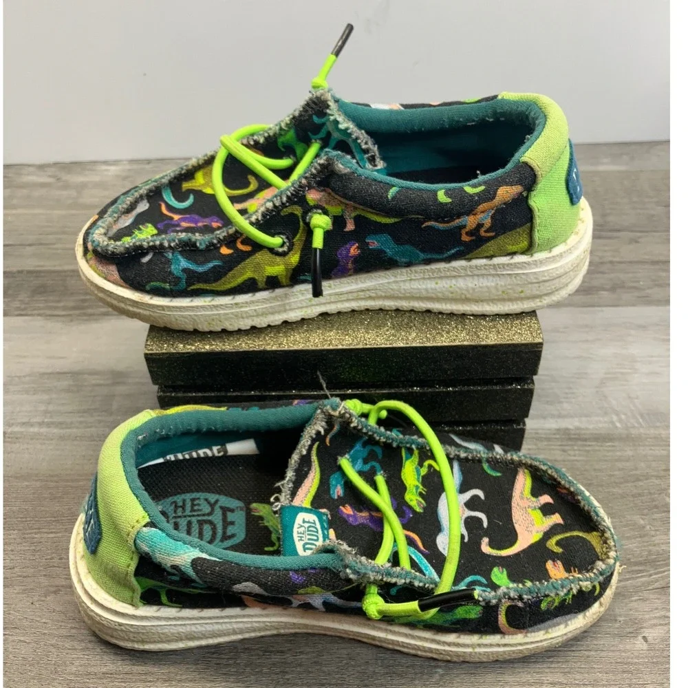 Hey Dude Wally Toddler Dino Black Lime Dinosaur Print Canvas Shoes Size C8